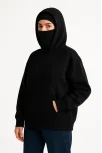 Kadın Samuray Ninja Çift Kapüşonlu Maske Detaylı Fermuarlı Kanguru Cepli Hoodie - Siyah