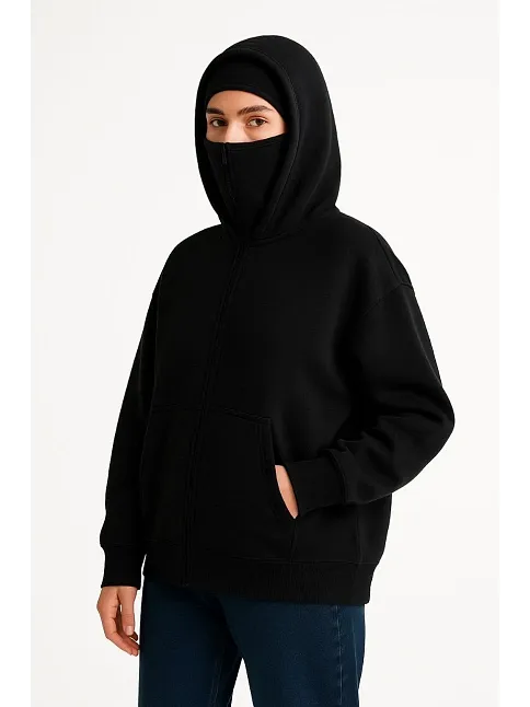 Kadın Samuray Ninja Çift Kapüşonlu Maske Detaylı Fermuarlı Kanguru Cepli Hoodie - Siyah