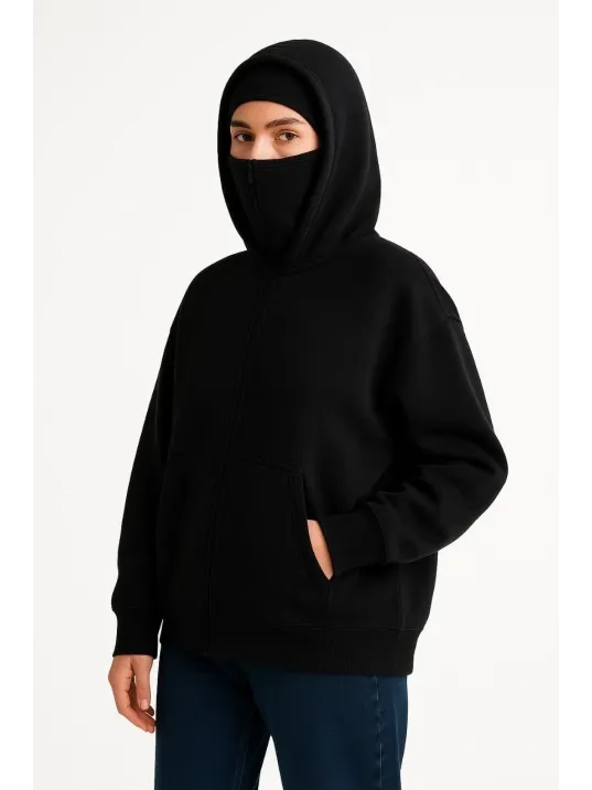 Kadın Samuray Ninja Çift Kapşonlu ZIP Fermuarlı Kanguru Çepli Hoodie Maske detaylı Swetshirt - Siyah Kadın Samuray Ninja Çift Kapşonlu ZIP Fermuarlı Kanguru Çepli Hoodie Maske detaylı Swetshirt - Siyah