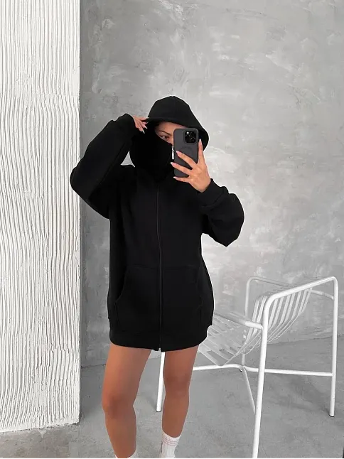 Kadın Samuray Ninja Çift Kapüşonlu Maske Detaylı Fermuarlı Kanguru Cepli Hoodie - Siyah