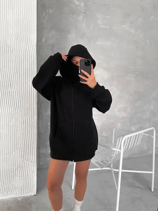 Kadın Samuray Ninja Çift Kapşonlu ZIP Fermuarlı Kanguru Çepli Hoodie Maske detaylı Swetshirt - Siyah Kadın Samuray Ninja Çift Kapşonlu ZIP Fermuarlı Kanguru Çepli Hoodie Maske detaylı Swetshirt - Siyah