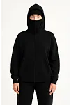 Kadın Samuray Ninja Çift Kapüşonlu Maske Detaylı Fermuarlı Kanguru Cepli Hoodie - Siyah