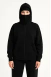 Kadın Samuray Ninja Çift Kapüşonlu Maske Detaylı Fermuarlı Kanguru Cepli Hoodie - Siyah