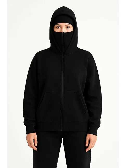 Kadın Samuray Ninja Çift Kapüşonlu Maske Detaylı Fermuarlı Kanguru Cepli Hoodie - Siyah