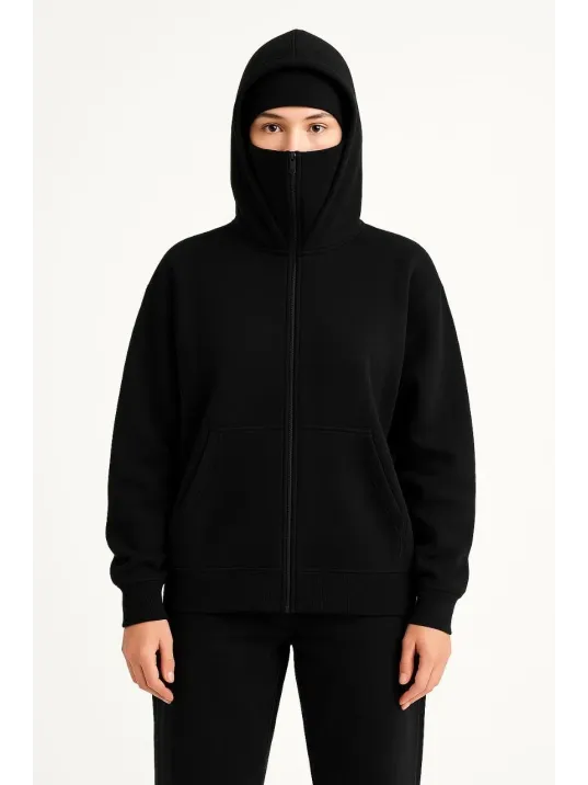 Kadın Samuray Ninja Çift Kapşonlu ZIP Fermuarlı Kanguru Çepli Hoodie Maske detaylı Swetshirt - Siyah Kadın Samuray Ninja Çift Kapşonlu ZIP Fermuarlı Kanguru Çepli Hoodie Maske detaylı Swetshirt - Siyah