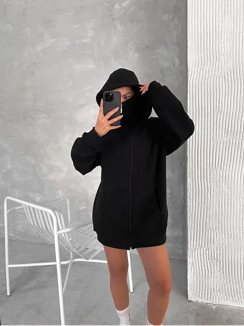 Kadın Samuray Ninja Çift Kapüşonlu Maske Detaylı Fermuarlı Kanguru Cepli Hoodie - Siyah