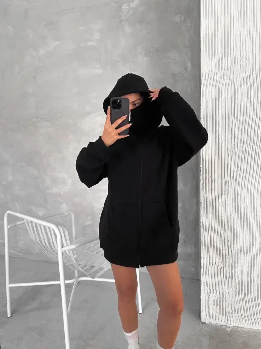 Kadın Samuray Ninja Çift Kapşonlu ZIP Fermuarlı Kanguru Çepli Hoodie Maske detaylı Swetshirt - Siyah Kadın Samuray Ninja Çift Kapşonlu ZIP Fermuarlı Kanguru Çepli Hoodie Maske detaylı Swetshirt - Siyah