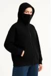 Kadın Samuray Ninja Çift Kapüşonlu Maske Detaylı Fermuarlı Kanguru Cepli Hoodie - Siyah