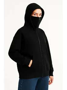 Kadın Samuray Ninja Çift Kapüşonlu Maske Detaylı Fermuarlı Kanguru Cepli Hoodie - Siyah