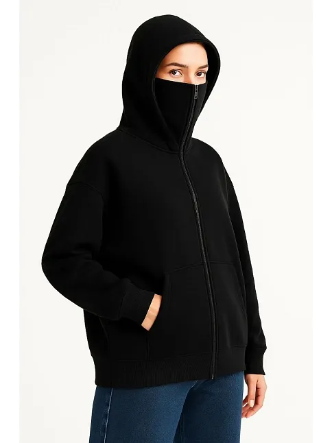 Kadın Samuray Ninja Çift Kapüşonlu Maske Detaylı Fermuarlı Kanguru Cepli Hoodie - Siyah