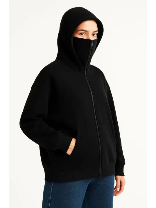 Kadın Samuray Ninja Çift Kapşonlu ZIP Fermuarlı Kanguru Çepli Hoodie Maske detaylı Swetshirt - Siyah Kadın Samuray Ninja Çift Kapşonlu ZIP Fermuarlı Kanguru Çepli Hoodie Maske detaylı Swetshirt - Siyah