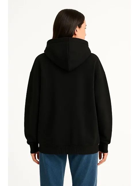 Kadın Samuray Ninja Çift Kapüşonlu Maske Detaylı Fermuarlı Kanguru Cepli Hoodie - Siyah