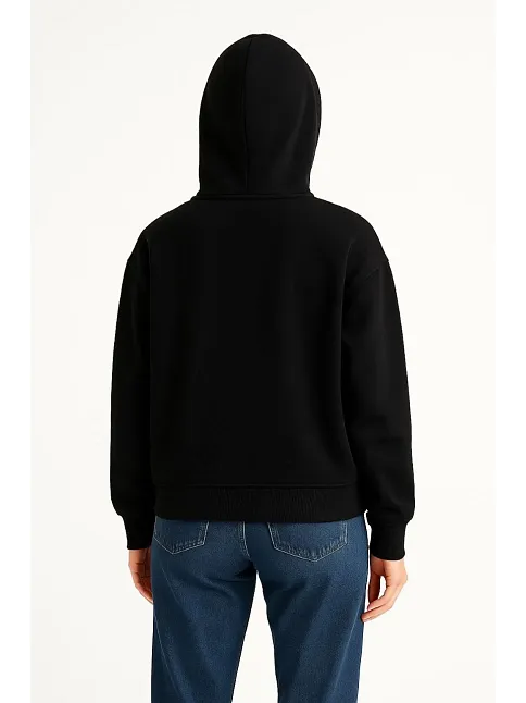 Kadın Samuray Ninja Çift Kapüşonlu Maske Detaylı Fermuarlı Kanguru Cepli Hoodie - Siyah