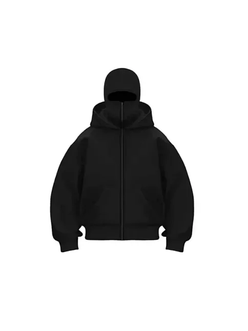 Kadın Samuray Ninja Çift Kapüşonlu Maske Detaylı Fermuarlı Kanguru Cepli Hoodie - Siyah