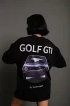 Kadın Oversize Baskılı Tişört – Golf Gtı Retro Araba Desenli, Ön & Arka Dijital Baskı, Sokak Modası Stil - Siyah