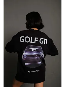 Kadın Oversize Tişört Golf Gtı Retro Araba Baskılı T-shirt - Siyah