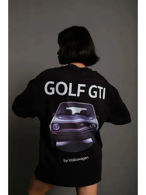 Kadın Oversize Tişört Golf Gtı Retro Araba Baskılı T-shirt - Siyah