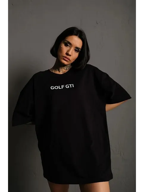 Kadın Oversize Tişört Golf Gtı Retro Araba Baskılı T-shirt - Siyah