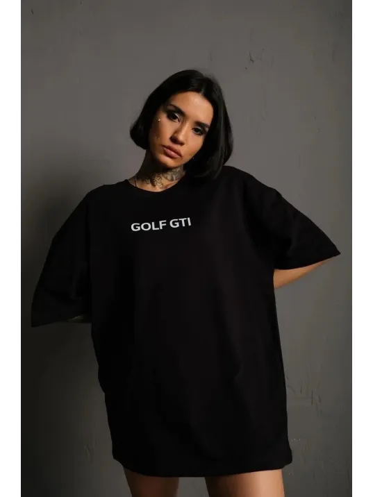 Kadın Oversize Baskılı Tişört – Golf GTI Retro Araba Desenli, Ön & Arka Dijital Baskı, Sokak Modası Stil - Siyah