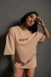 Kadın Oversize Baskılı Tişört – Golf Gtı Retro Araba Desenli, Ön & Arka Dijital Baskı, Sokak Modası Stil - Bej