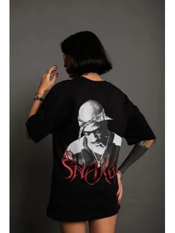 Kadın Baskılı T-shirt Oversize Kısa Kol Bisiklet Yaka Tişort- Siyah