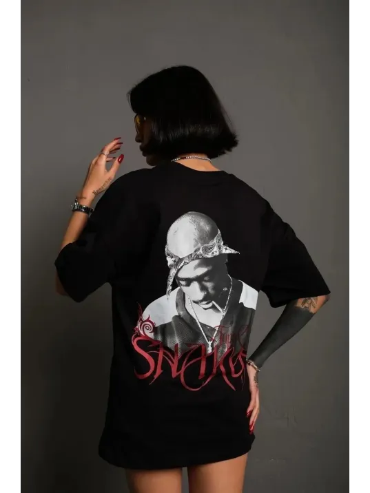 Kadın Baskılı T-shirt Oversize Kısa Kol Bisiklet Yaka Tişort- Siyah