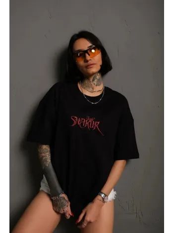 Kadın Baskılı T-shirt Oversize Kısa Kol Bisiklet Yaka Tişort- Siyah