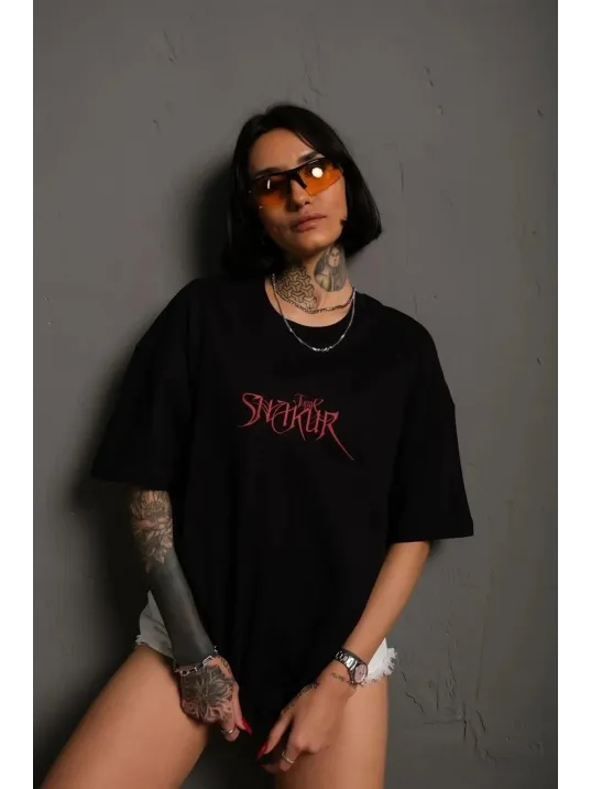 Kadın Baskılı T-shirt Oversize Kısa Kol Bisiklet Yaka Tişort- Siyah