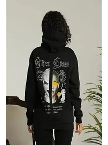 Kadın Kapşonlu Sweatshirt – Oversize Üç İplik Şardonlu Hoodie, “other Lives” Ön & Arka Baskılı, Kanguru Cepli, Kışlık Rahat Günlük Stil - Siyah