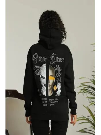Kadın Kapşonlu Sweatshirt – Oversize Üç İplik Şardonlu Hoodie, “Other Lives” Ön & Arka Baskılı, Kanguru Cepli, Kışlık Rahat Günlük Stil - Siyah Kadın Kapşonlu Sweatshirt – Oversize Üç İplik Şardonlu Hoodie, “Other Lives” Ön & Arka Baskılı, Kanguru Cepli, Kışlık Rahat Günlük Stil - Siyah