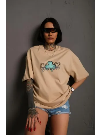 Kadın Sırt Baskılı T-shirt - Bej