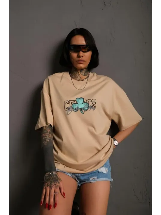 Kadın Sırt Baskılı T-shirt - Bej