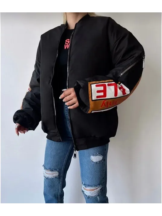 Kadın Sırt Ve Kol Parça Baskılı Bomber Ceket - Siyah