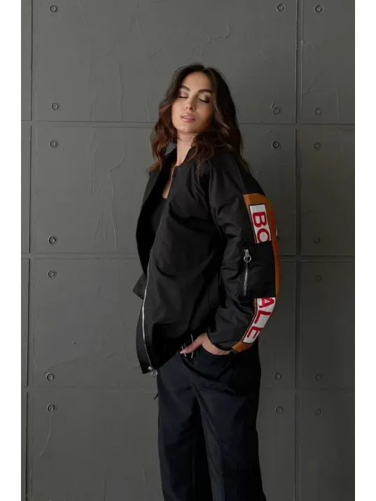 Kadın Sırt Ve Kol Parça Baskılı Bomber Ceket - Siyah