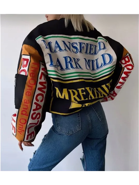 Kadın Sırt Ve Kol Parça Baskılı Bomber Ceket - Siyah