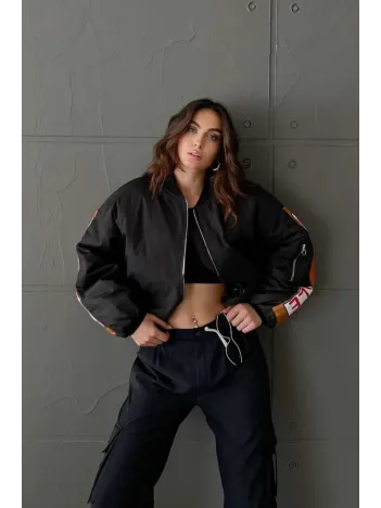 Kadın Sırt Ve Kol Parça Baskılı Bomber Ceket - Siyah Kadın Sırt Ve Kol Parça Baskılı Bomber Ceket - Siyah