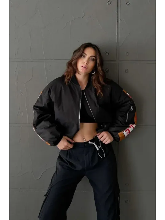 Kadın Sırt Ve Kol Parça Baskılı Bomber Ceket - Siyah