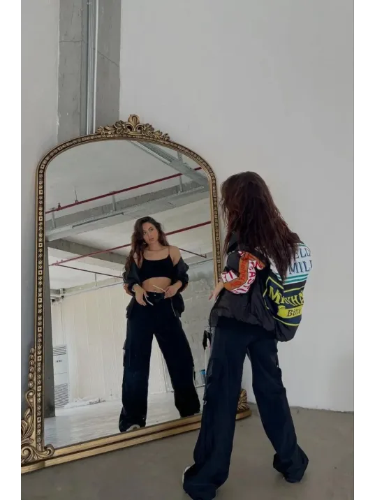 Kadın Sırt Ve Kol Parça Baskılı Bomber Ceket - Siyah