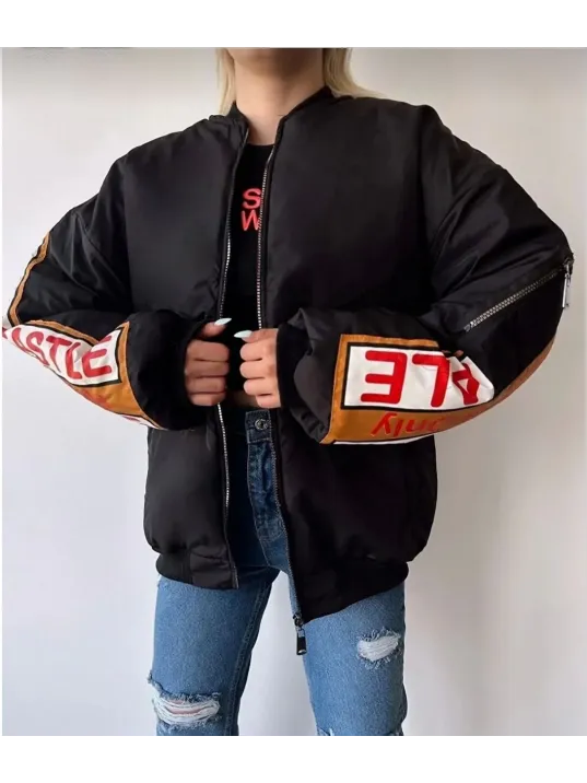 Kadın Sırt Ve Kol Parça Baskılı Bomber Ceket - Siyah
