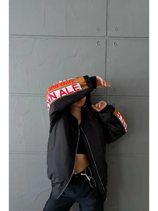 Kadın Sırt Ve Kol Parça Baskılı Bomber Ceket - Siyah