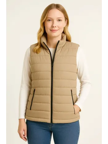 Kadın Şişme Fermuarlı Yelek Su itici Kapitone Astarlı Kumaş Cepli Hafif Kışlık Spor Rahat Kalıp - Bej Kadın Şişme Fermuarlı Yelek Su itici Kapitone Astarlı Kumaş Cepli Hafif Kışlık Spor Rahat Kalıp - Bej