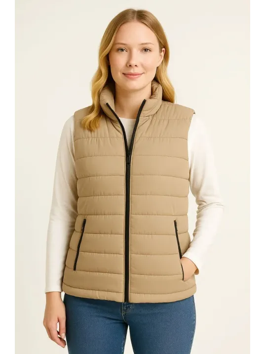 Kadın Şişme Fermuarlı Yelek Su itici Kapitone Astarlı Kumaş Cepli Hafif Kışlık Spor Rahat Kalıp - Bej Kadın Şişme Fermuarlı Yelek Su itici Kapitone Astarlı Kumaş Cepli Hafif Kışlık Spor Rahat Kalıp - Bej