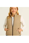 Kadın Şişme Fermuarlı Yelek Su İtici Kapitone Astarlı Kumaş Cepli Hafif Kışlık Spor Rahat Kalıp - Bej