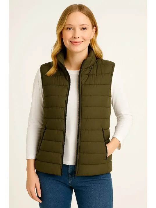 Kadın Şişme Fermuarlı Yelek Su itici Kapitone Astarlı Kumaş Cepli Hafif Kışlık Spor Rahat Kalıp - Haki Kadın Şişme Fermuarlı Yelek Su itici Kapitone Astarlı Kumaş Cepli Hafif Kışlık Spor Rahat Kalıp - Haki