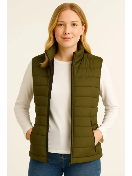 Kadın Şişme Fermuarlı Yelek Su itici Kapitone Astarlı Kumaş Cepli Hafif Kışlık Spor Rahat Kalıp - Haki Kadın Şişme Fermuarlı Yelek Su itici Kapitone Astarlı Kumaş Cepli Hafif Kışlık Spor Rahat Kalıp - Haki