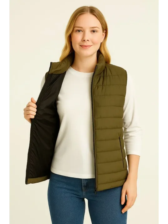 Kadın Şişme Fermuarlı Yelek Su itici Kapitone Astarlı Kumaş Cepli Hafif Kışlık Spor Rahat Kalıp - Haki Kadın Şişme Fermuarlı Yelek Su itici Kapitone Astarlı Kumaş Cepli Hafif Kışlık Spor Rahat Kalıp - Haki