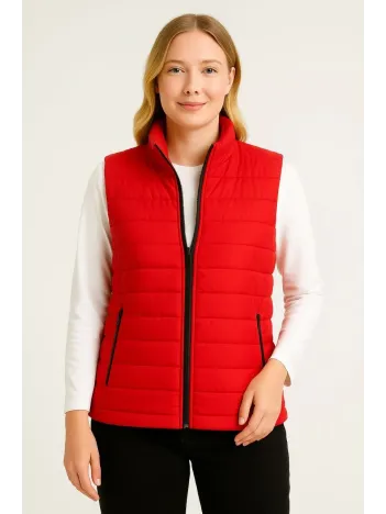 Kadın Şişme Fermuarlı Yelek Su itici Kapitone Astarlı Kumaş Cepli Hafif Kışlık Spor Rahat Kalıp - Kırmızı