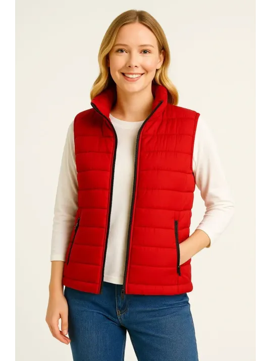 Kadın Şişme Fermuarlı Yelek Su itici Kapitone Astarlı Kumaş Cepli Hafif Kışlık Spor Rahat Kalıp - Kırmızı