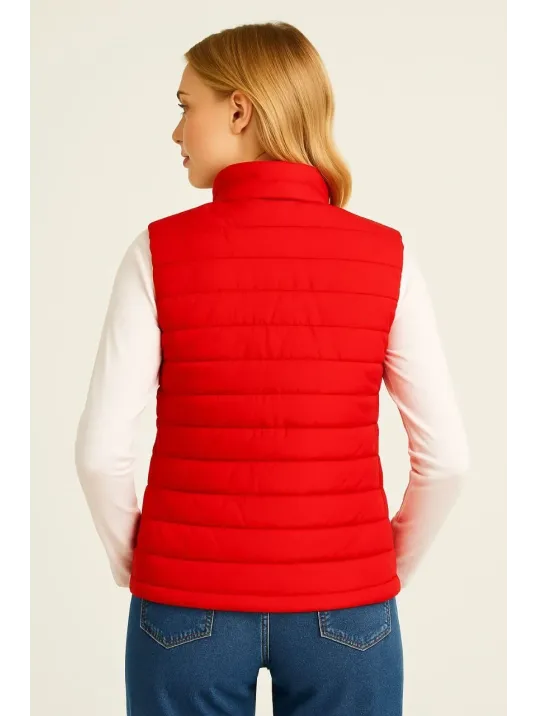 Kadın Şişme Fermuarlı Yelek Su itici Kapitone Astarlı Kumaş Cepli Hafif Kışlık Spor Rahat Kalıp - Kırmızı