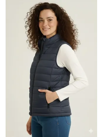 Kadın Şişme Fermuarlı Yelek Su İtici Kapitone Astarlı Kumaş Cepli Hafif Kışlık Spor Rahat Kalıp - Lacivert